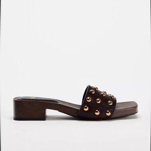 Zara Brown Leather Studded Slide Mules with Gold Accents